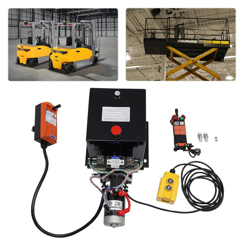Heavy Duty 12V DC Hydraulic Power Unit With Double Acting Pump And Remote Control Wired Options For Dump Trailers Car Hitches Lift Systems High Performance Electric Motor, showing motor and control panel.