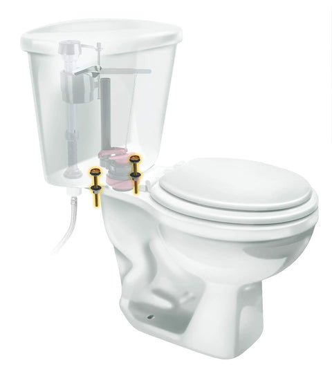 Rock Solid Brass Tank To Bowl Bolt Kit With Thick Washers And Heavy Duty Nuts on a standard toilet detailing installation.
