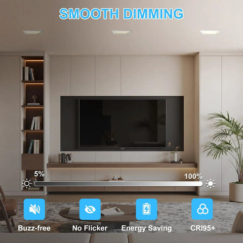 HITOO 8 Inch Square Recessed Ceiling Light, 3CCT, Dimmable, White, 2 Pack in modern living room with smooth dimming feature.