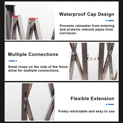 Heavy Duty Mobile Folding Security Gate Smooth Rolling Stainless Steel Access Control Barrier features waterproof cap and multiple connections.