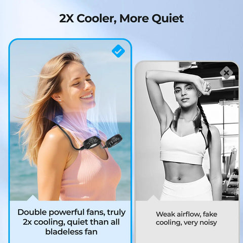 Woman using Portable Neck Fan for Hands Free Cooling, Lightweight Wearable Personal Fan with 360 Degree Adjustability and Ultra Quiet next to sea