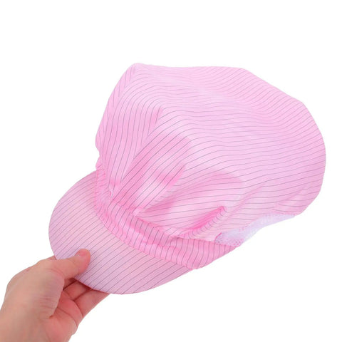 Hella Breathable Anti Static Mesh Work Cap Pink Dustproof Protective Hat Straight Up Ideal For Electronics And Cleanrooms shown hand held.