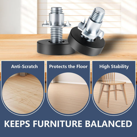 Lenpestia 12 Piece One Quarter Inch Thread Adjustable Furniture Levelers With T Nuts For Table And Chair Legs, Rock Solid Rust Resistant Galvanized Steel And Black PP Base, Easy Height Adjustment From Quarter Inch To Three Quarters Inch