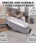 Built Tough Four Pack T Type Conduit Bodies Three Quarter Inch Threaded Die Cast Aluminum Electrical Junction Boxes Easy Routing For Real Pros Getting Jobs Done with threaded openings.
