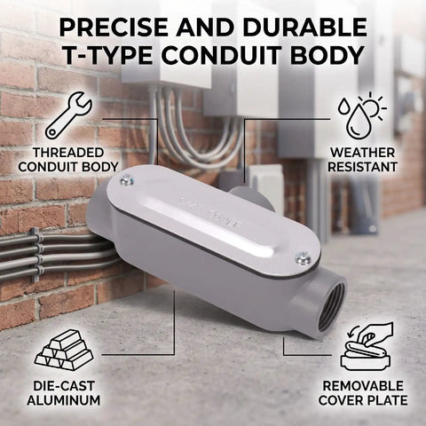 Built To Last 4 Pack 3/4 Inch T Type Conduit Body Electrical Junction Box, die-cast aluminum with removable cover.