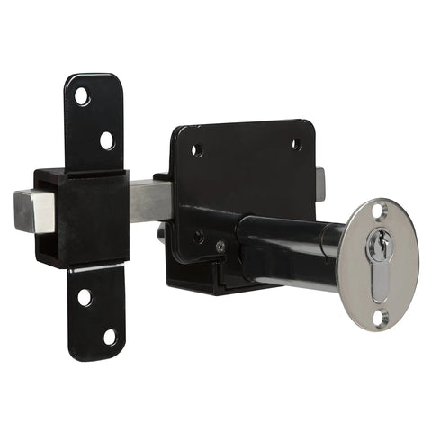 Long Throw Gate Lock For Sheds And Fences With Euro Profile Keyed Both Sides, 316 Stainless Steel Black Finish visible