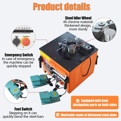 Built Tough Electric Rebar Bender Crushes 6 To 25 Millimeter Steel Bars With Ridiculously Fast 0 To 180 Degree Adjustments Plus Super Quick 110 Volt Bench Top Setup Featuring Nifty Foot Pedal Control, featuring emergency switch and foot pedal.