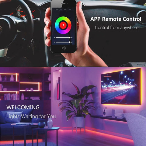 Under Cabinet LED Light Strips With Alexa And Google Home Voice Control app showing RGB settings, colorful room lighting