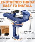 Heavy Duty Table Vise With 360 Degree Swivel Top And Built In Anvil, 3.1 Inch Jaw Opening, features precision jaw and rotating lever.