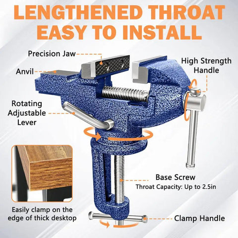 Heavy Duty Table Vise With 360 Degree Swivel Top And Built In Anvil, 3.1 Inch Jaw Opening, features precision jaw and rotating lever.