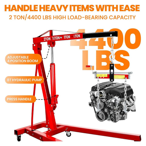 Heavy Duty Hydraulic Engine Hoist And Folding Cherry Picker With Six Swivel Wheels, Straight Up 4400 Lb Portable Crane showing adjustable boom and 8 ton pump.