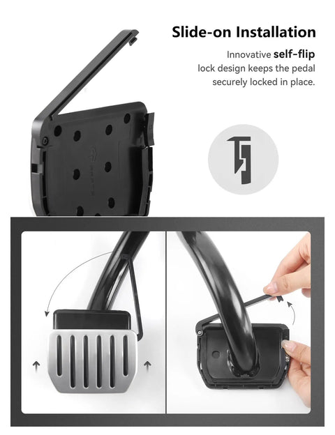 Tesla Model Y Juniper 2025 2026 And Model 3 Highland 2024 2026 Aluminum Self Flip Lock Pedal Set installation showing self-flip lock