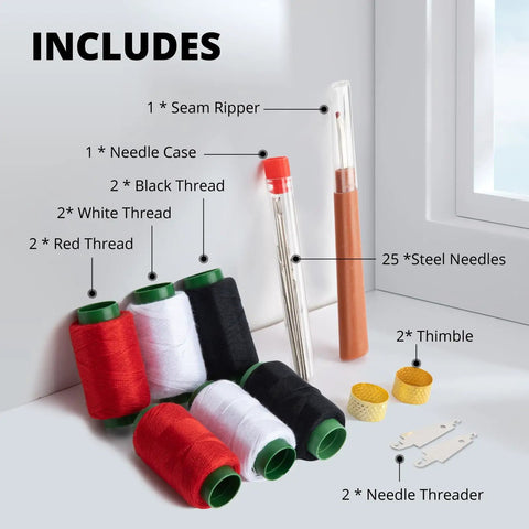 37 Piece Big Eye Stainless Steel Sewing Needles Kit With Threader, Thread Ripper, Thimbles And Accessories For Hand Sewing, Easy Threading For All Fabrics And Leather; includes red, black, white threads, steel needles, seam ripper, and thimbles.