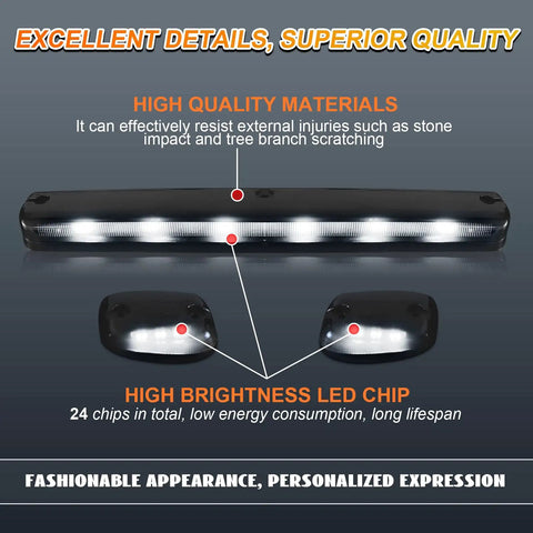 3 Pack LED Cab Marker Lights White Smoke Lens For Chevy Silverado 1500 2500HD 3500HD And GMC Sierra 1500 2500HD 3500HD