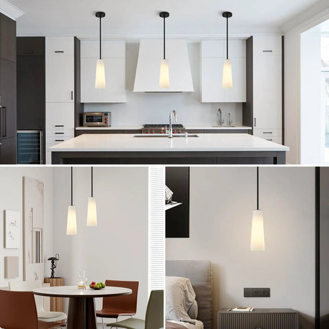 Ziikopoo 2 Pack Modern Matte Black Kitchen Island Pendant Lights, Conical Ribbed Glass Shade above a kitchen island.