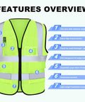 Heavy Duty Hi Vis Reflective Safety Vest In Bright Neon Green With Spacious Pockets Lightweight Mesh Workwear For Contractors And Road Crews featuring pockets and reflective strips.