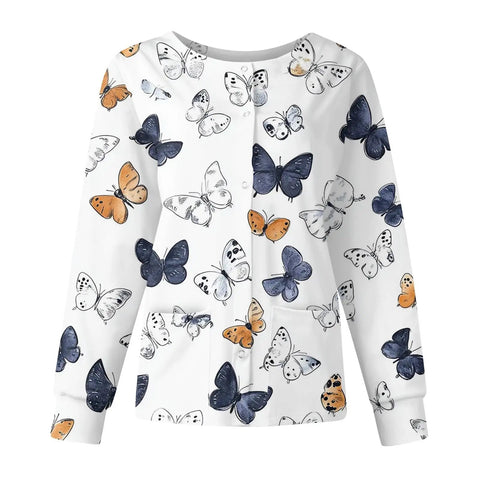 Slick Long Sleeve Women Scrub Jacket And Nurse Uniform Coat With Killer Pockets Plus Size Healthcare Top for comfy clinical wear with butterfly print.