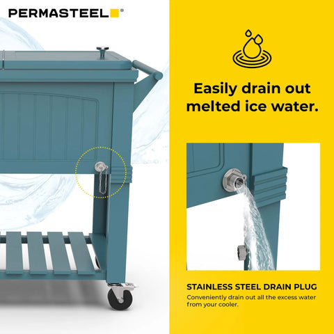 Close-up of stainless steel drain plug on Party Cooler With Divider And Locking Lid, 80-Qt Rolling Ice Chest in matte teal finish.