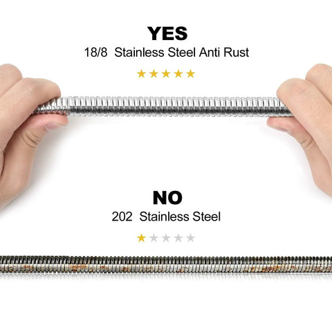 Comparison of 18/8 stainless steel and 202 steel in Extra Long 90 Inch Shower Hose With Brushed Chrome Finish, Lightweight Flexible Stainless Steel Handheld Hose With Brass Inner Core, Double Lock Design, Waterproof Washer, No Kinking, Easy Install With Included Washers.