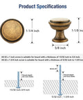 Product specifications for 20 Pack Antique Brass Cabinet Knobs 1-1/4 Inch Round Drawer Handles, measurements displayed.