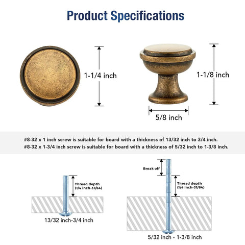 Product specifications for 20 Pack Antique Brass Cabinet Knobs 1-1/4 Inch Round Drawer Handles, measurements displayed.