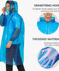 Model wearing blue rain poncho with drawstring hood and detailed thick material layer, from Clear Rain Ponchos For Adults With Hood 4 Pack Lightweight Tear Resistant Emergency Rain Gear For Travel And Outdoor Adventures One Size Fits Most Ideal For Rainy Travel Or Camping Trips.