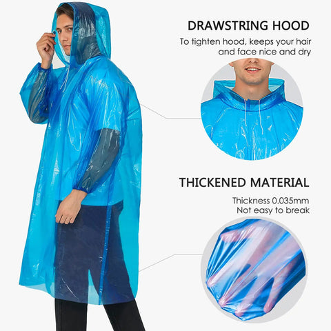Model wearing blue rain poncho with drawstring hood and detailed thick material layer, from Clear Rain Ponchos For Adults With Hood 4 Pack Lightweight Tear Resistant Emergency Rain Gear For Travel And Outdoor Adventures One Size Fits Most Ideal For Rainy Travel Or Camping Trips.