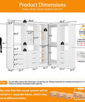 Sleek White Corner Closet System With Nine Wooden Drawers And Adjustable Shelves For Spacious Walk In Storage Organizer dimensions diagram.
