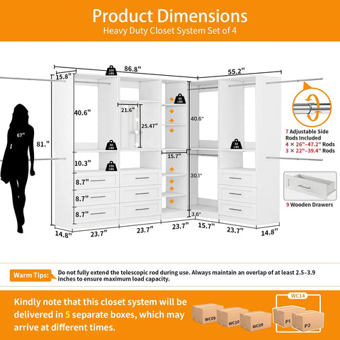 Sleek White Corner Closet System With Nine Wooden Drawers And Adjustable Shelves For Spacious Walk In Storage Organizer dimensions diagram.