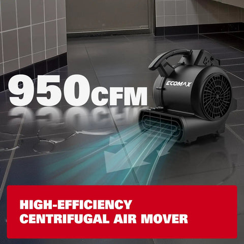 Pro Grade 950 CFM Air Mover with 3 speed settings blowing air, ideal for restoration and carpet drying in a wet floor area.