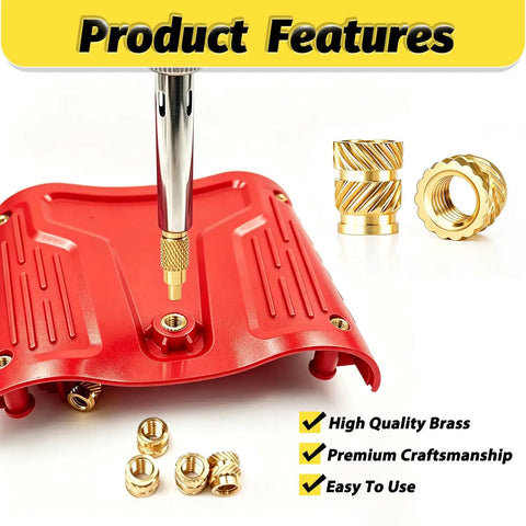 Slick Pro Setup M3 Heat Set Inserts And Legit M3 Socket Screw Tool Kit With Hex Wrench, showing brass heat inserts on red base.