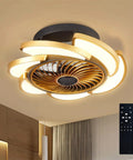 17-Inch Bladeless Ceiling Fan Light, Remote, 6-Speed, Low Profile, Gold mounted on ceiling with remote control. Modern design.