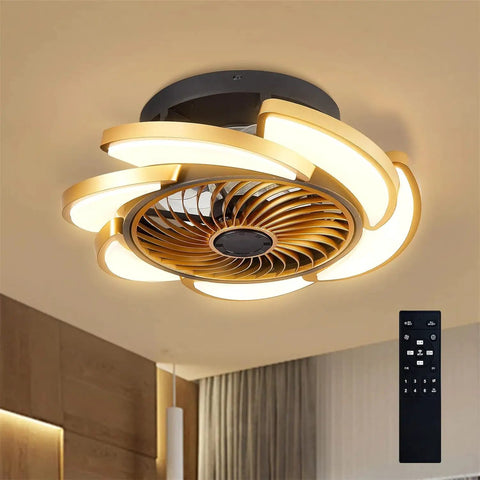 17-Inch Bladeless Ceiling Fan Light, Remote, 6-Speed, Low Profile, Gold mounted on ceiling with remote control. Modern design.