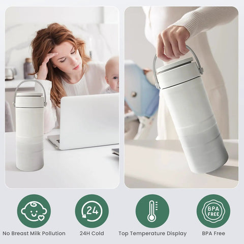 Portable Breast Milk Chiller With Digital Temp Display 22 Oz On The Fly Cooler shown with carry handle and temperature display.