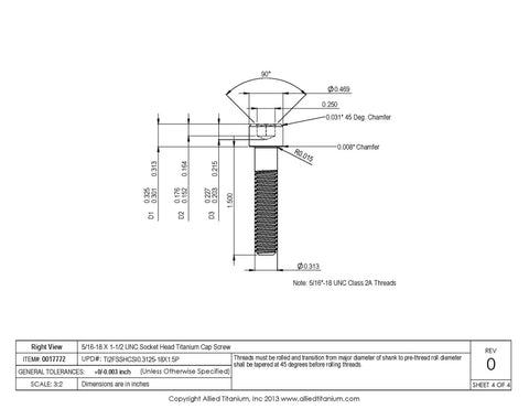 Top Shelf Pure Titanium Socket Head Cap Screws Pack Of 10 Size 5/16 By 1/2 Unc Thread Grade Two detailed technical drawing.