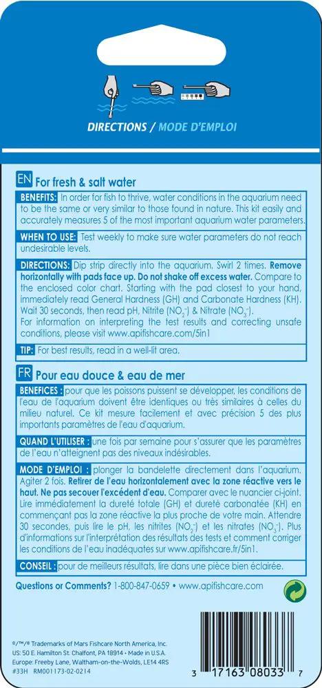 Back packaging of Quick Dip Five In One Aquarium Water Test Strips for freshwater and saltwater tanks with directions and benefits.