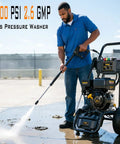 Heavy Duty Gas Pressure Washer That Whips Dirty Decks And Driveways Clean In Seconds With 3500 PSI And 2.6 GPM in use, cleaning driveway.