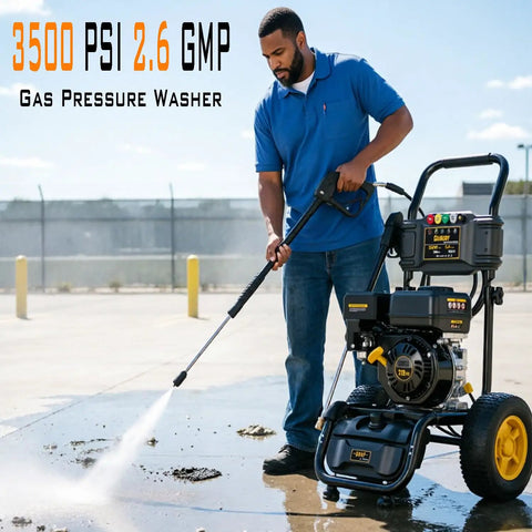 Heavy Duty Gas Pressure Washer That Whips Dirty Decks And Driveways Clean In Seconds With 3500 PSI And 2.6 GPM in use, cleaning driveway.