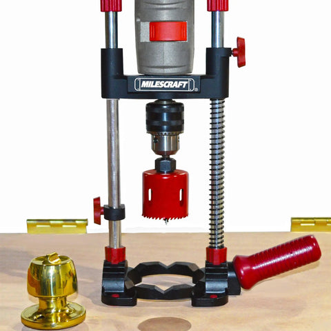 A Handy Portable Drill Guide For 43mm Collar Drills With Multi Angle Readout And Control Descent Spring Self Centering Base in use