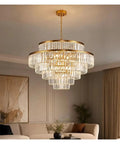 Luxury Gold K9 Crystal Chandelier Modern LED Pendant Light hanging in living room, featuring elegant crystal design.