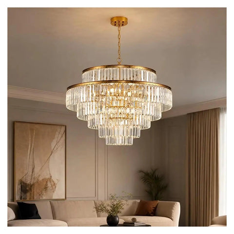 Luxury Gold K9 Crystal Chandelier Modern LED Pendant Light hanging in living room, featuring elegant crystal design.