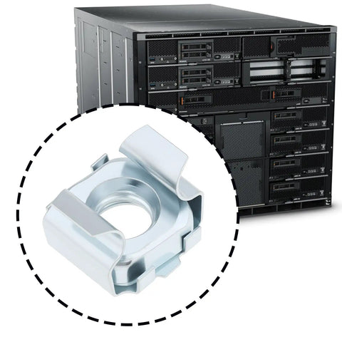 50 Piece Premium Self Retaining Cage Nuts With 5 16 18 Threads Super Solid Rack Mount Fasteners displayed with a server chassis.