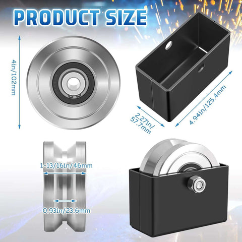 4-Inch V-Groove Gate Wheel Set With Welded Bracket Box Heavy Duty Sliding Inverted Track Gates Rollers For Up To 3000 Lbs Capacity