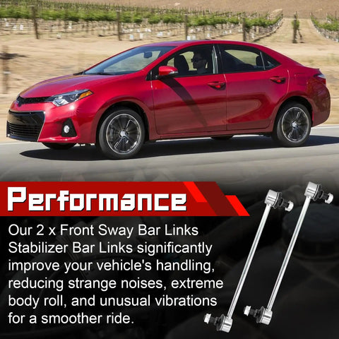 2 Pack Front Stabilizer Sway Bar Links For 2003 To 2019 Corolla, 2003 To 2014 Matrix, 2001 To 2009 Prius, shown beside red Corolla