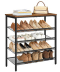 Five-Tier Entryway Shoe Rack With Adjustable Mesh Shelves Industrial Metal Design Holds 16-20 Pairs Of Shoes Floor Mount Rustic Brown Organizer