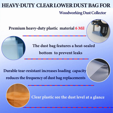 Diagram showing features of 5 Pack Dust Collector Bags 19.5 Inch Diameter 70 Gallon Lower Dust Collection Bag Replacement for Heavy Duty Woodworking 6 Mil Plastic Dirt Proof Waterproof