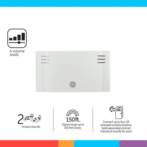 Front view of wireless doorbell kit with battery operated receiver and push button, easy install, 4 volume levels, mountable white chime.