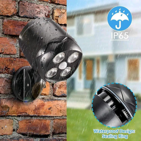 Motion Sensor Outdoor Lights Cordless Battery Powered Two Pack With 1000LM LED Security Light mounted on wet brick wall