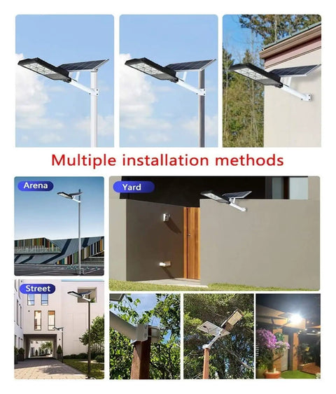 JUDYSSY Courtyard Light Solar Lights Outdoor Garden Led Solar Street Flood Lights 50W - 300W shown in multiple installation methods.