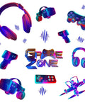 Multicolor 3D gaming accessories with "Game Zone" text and controller, featuring headset and VR goggles.